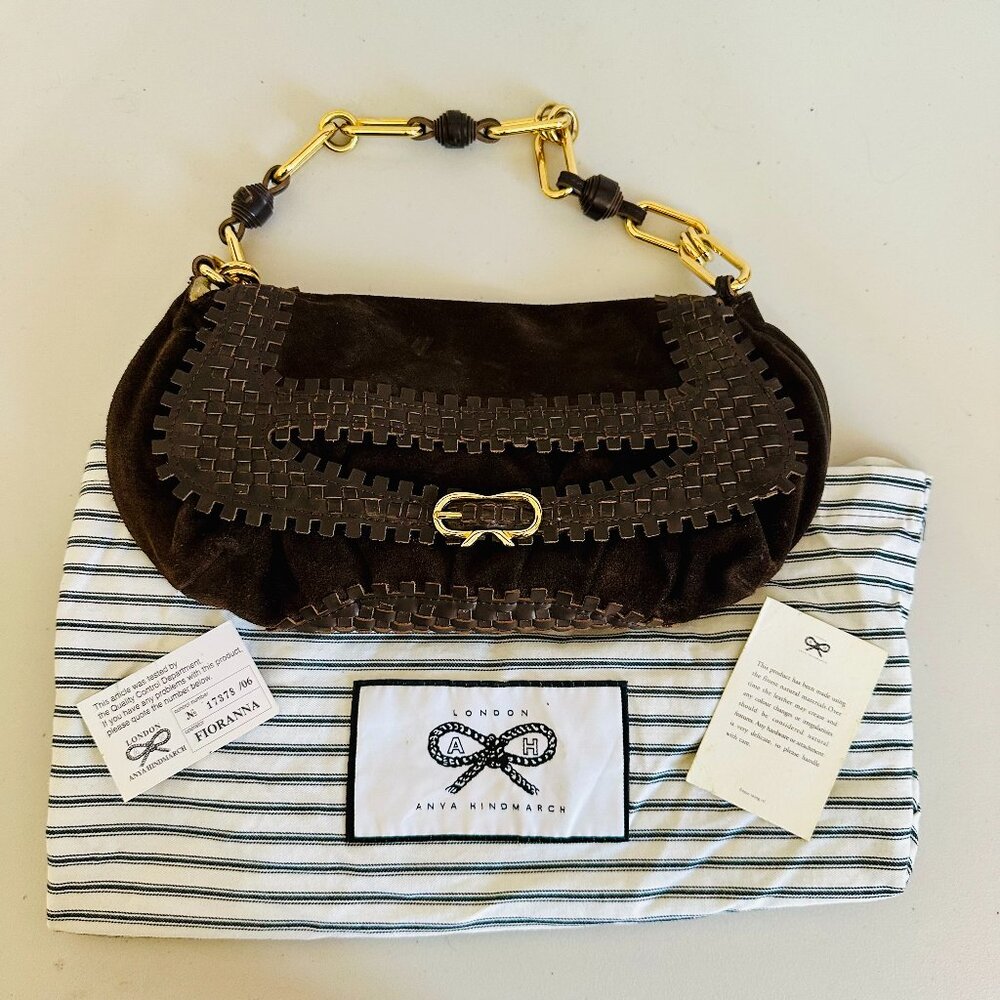 ANYA HINDMARCH LONDON SUEDE AND BRAIDED LEATHER SHOULDER BAG